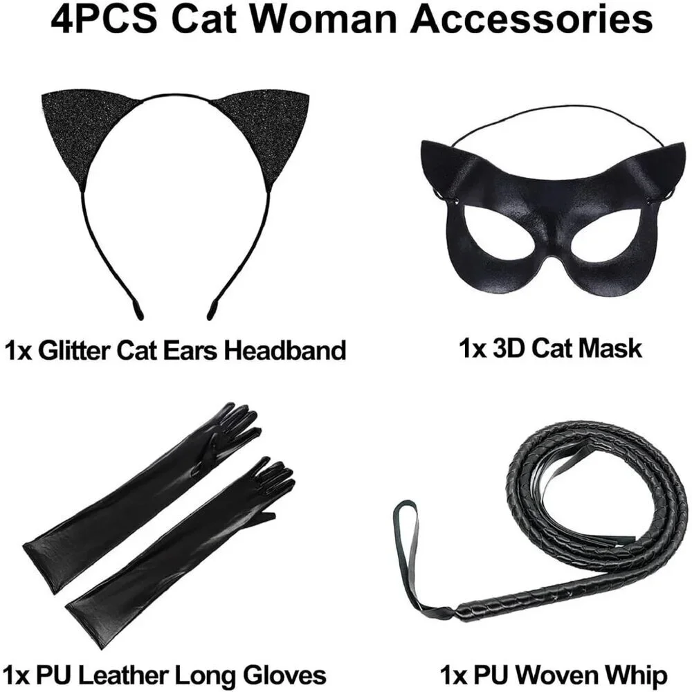 Cat Woman Costume Accessories Set including Mask Ears Headband Gloves Whip for H